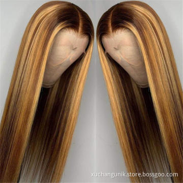Uniky Cheap 30" Inches 180% Density Straight Highlights Closure Wig Human Hair Wig Highlighted Highlight Frontal Wig
